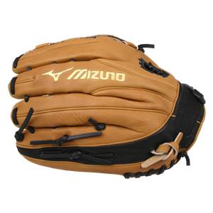 Side view of a tan and black baseball glove with gold Mizuno branding and black lacing.