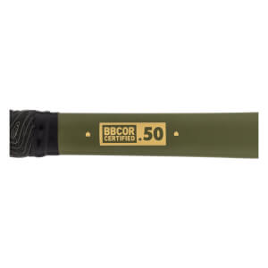 Side view of a green baseball bat with a black grip and gold BBCOR CERTIFIED .50 text.
