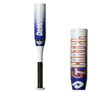 Front view of a blue and white DeMarini softball bat with black grip and CARTEL text.