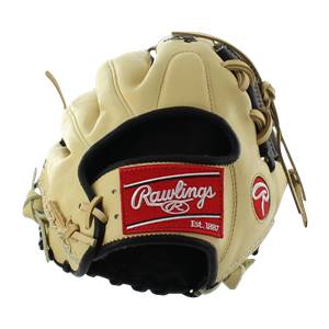 Side view of a tan baseball glove with a red Rawlings logo patch and tan lacing.