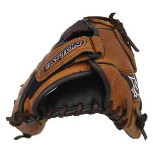 Close-up of a brown youth baseball glove with black accents and EASTON branding.