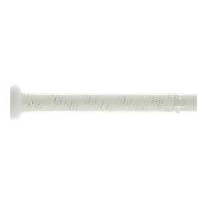 Side view of a white baseball bat with a perforated grip and a white knob.