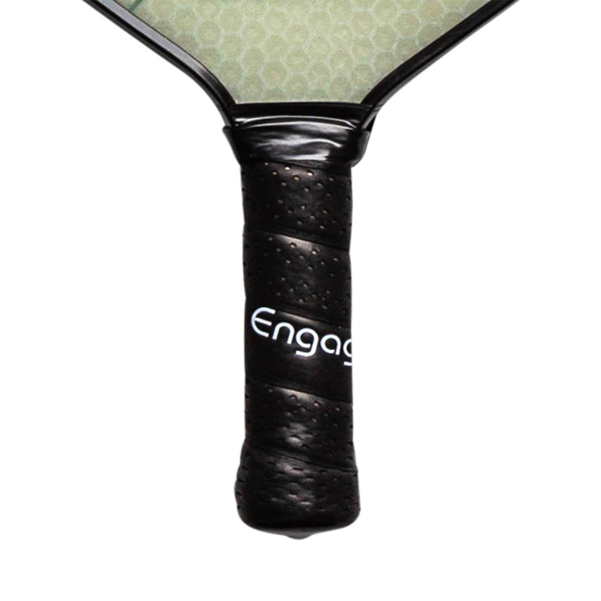 Close-up of a black pickleball paddle grip with white Engag text and textured surface.