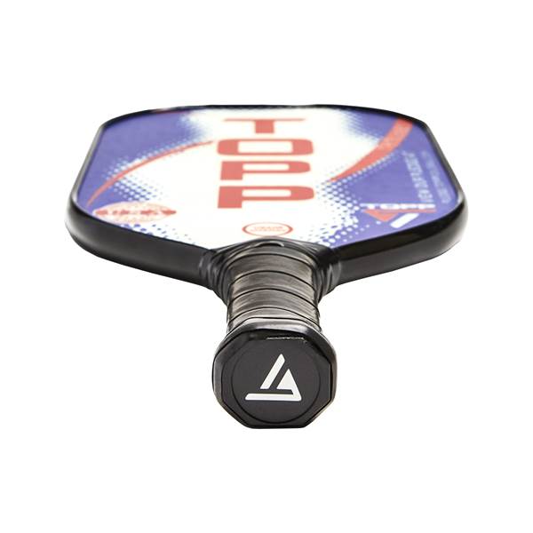 Top-down view of a white pickleball paddle with red TOPP text and a black grip.