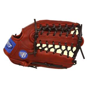 Side view of a brown baseball glove with dark brown lacing and a blue Brett patch.