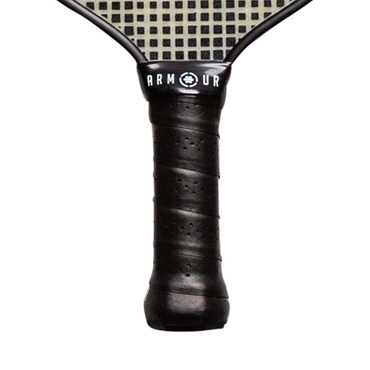 Close-up of a black pickleball paddle grip with Armour branding and a perforated texture.