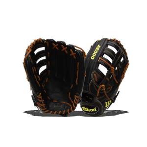 Front view of black baseball gloves with tan lacing and A2000 and Wilson branding.