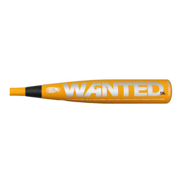Side view of a yellow baseball bat with WANTED in large silver letters and SL and BAT text.