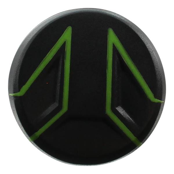 Top-down view of a black baseball bat end cap with green angular accents.