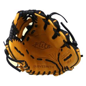 Inside view of a tan baseball glove with black lacing, Elite branding, and GLOVESMITH text.