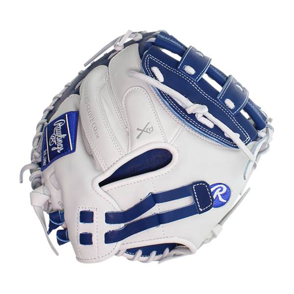 Front view of a white and blue catchers mitt with Rawlings branding and blue lacing.