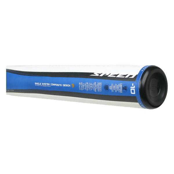 Side view of a white and blue Easton bat with SPEED branding and SINGLE SYSTEM COMPOSITE DESIGN text.
