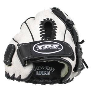 Front view of a white and black baseball glove with TPS logo and TRASOFT LINING text.