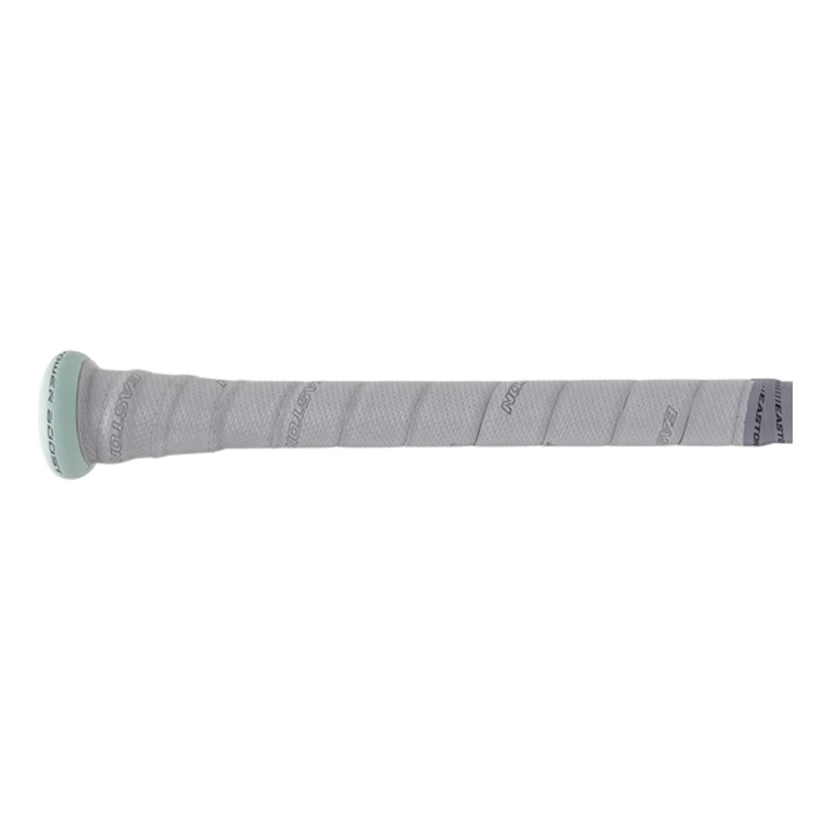 Side close-up of a light gray baseball bat handle with textured grip tape, repeated Easton branding, and a light green knob.