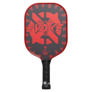 Front view of a red and gray pickleball paddle with EVOKE XL text and USAPA approved label.