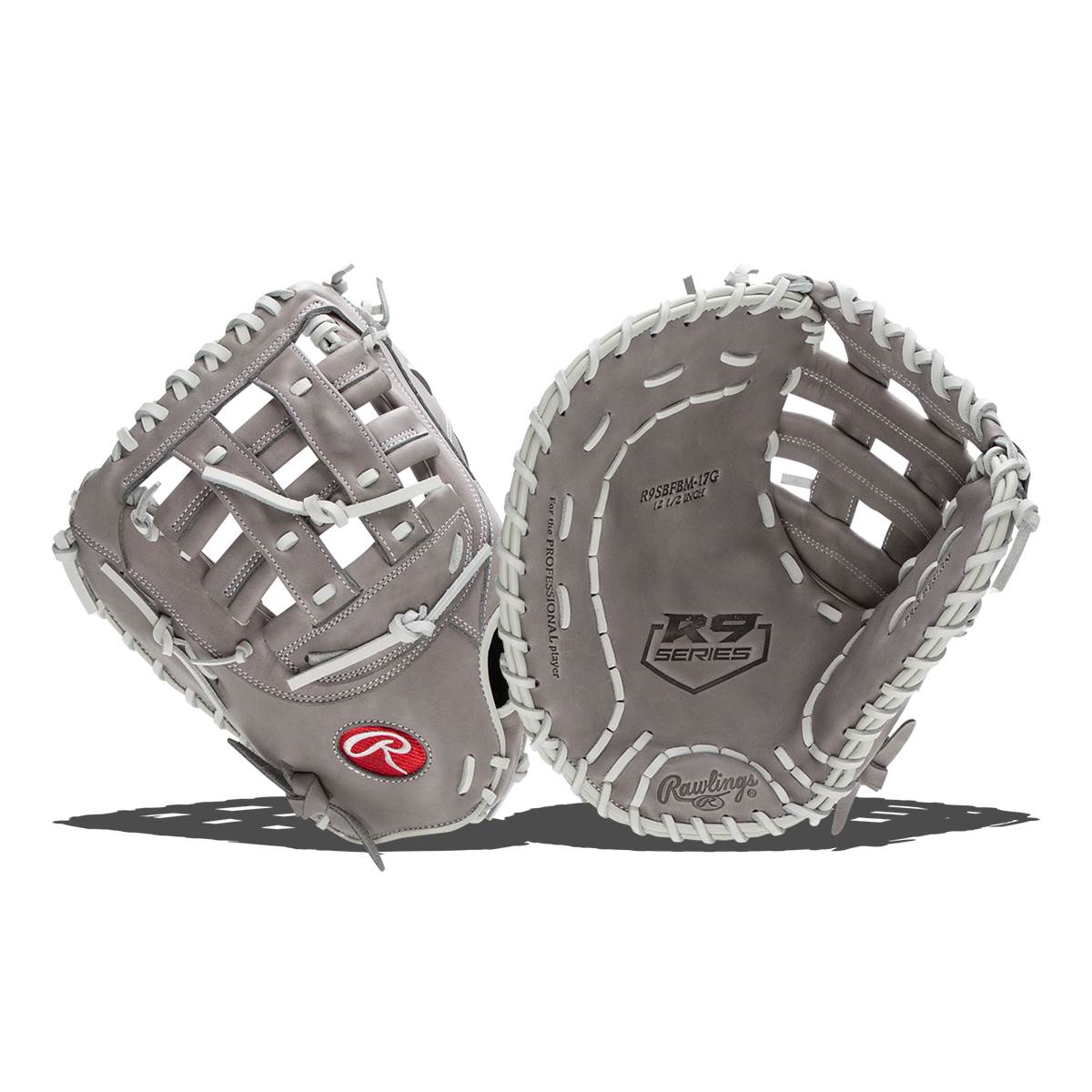 Front view of a gray Rawlings R9 Series first base mitt with white stitching and a red R logo.