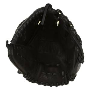 Inside view of a black Mizuno MVP Prime Fastpitch Series glove with embossed MVP and MIZUNO text.