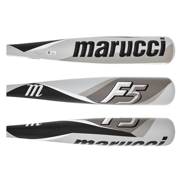 Top-down view of a silver baseball bat with black marucci text and a grey F5 logo.