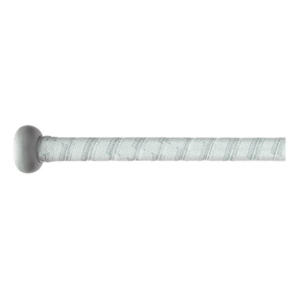 Side view of a white baseball bat handle with a textured grip tape and a gray knob, featuring subtle Marucci branding.