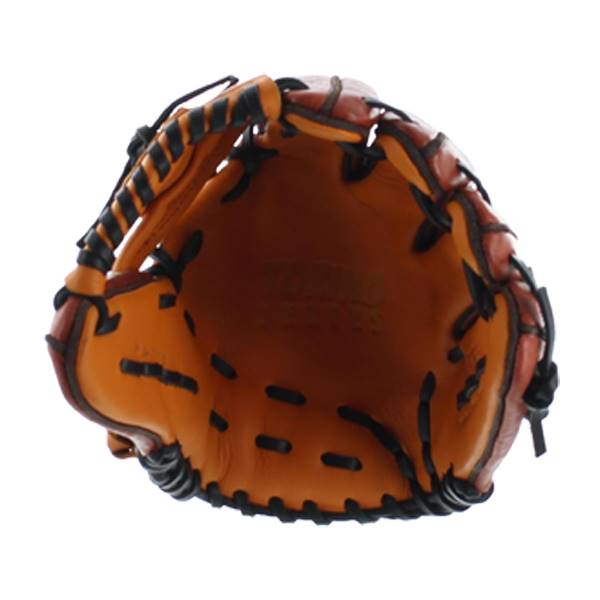Inside view of a brown baseball glove with black lacing and a padded palm.