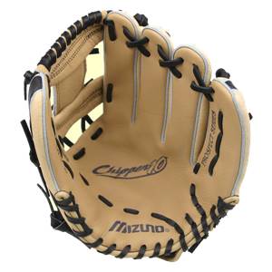 Top-down view of a tan baseball glove with black lacing and Mizuno logo.