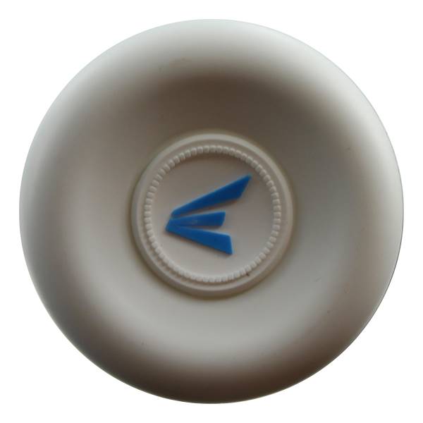 Top-down view of a white softball bat end cap with a blue Easton logo.