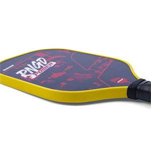 Side view of a yellow pickleball paddle with a dark blue face, red graphics, and RNGD POWER text.