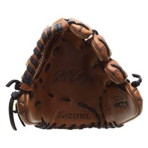 Front view of a brown softball glove with MVP and Mizuno. branding.