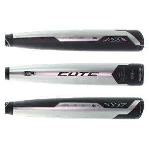 Side view of a silver and black baseball bat with ELITE and AXE branding.