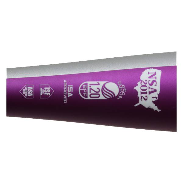 Side view of a purple fastpitch softball bat with NSA 2012, USSSA, and 1.20 BPF logos.