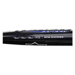 Side view of a black baseball bat with SPEED branding and model/weight specifications.