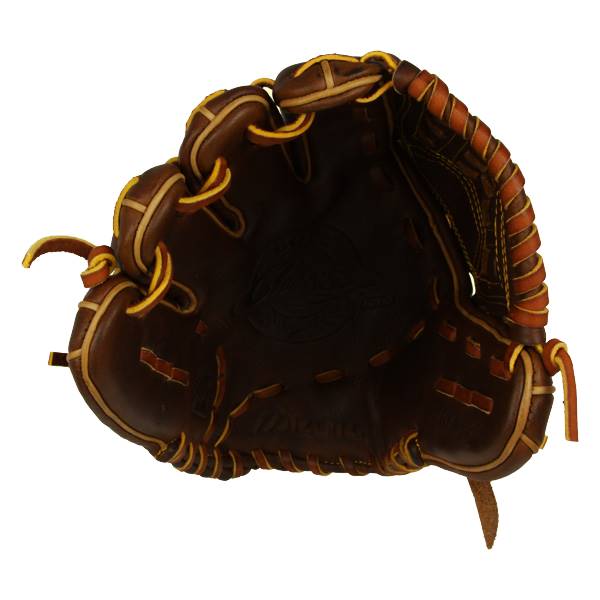 Top-down view of a brown baseball glove with tan lacing and a debossed Mizuno logo.
