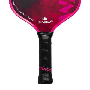 Top-down view of a pink and black pickleball paddle with Diadem branding and weight/dimensions text.