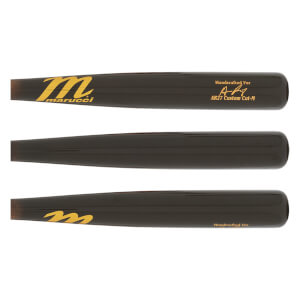 Top-down view of a dark brown baseball bat with yellow Marucci logo and Handcrafted For AR27 Custom Cut-M text.