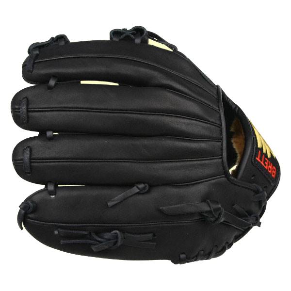 Side view of a black baseball glove with gold lining and BRETT text.