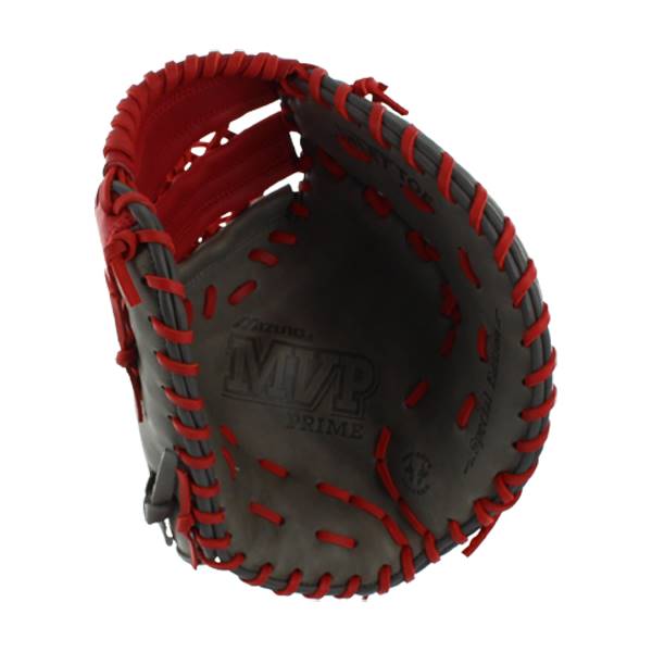 Top-down view of a smoke and red first base mitt with MVP PRIME embossed and red stitching.
