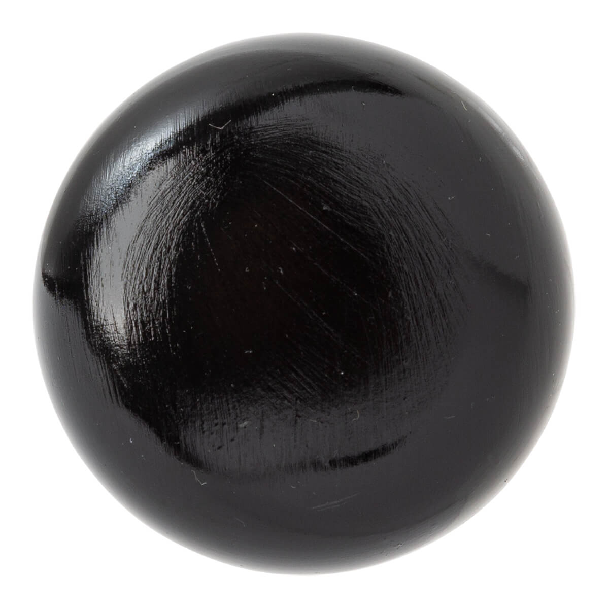 Close-up of the knob of a black one-hand training bat with a glossy finish.