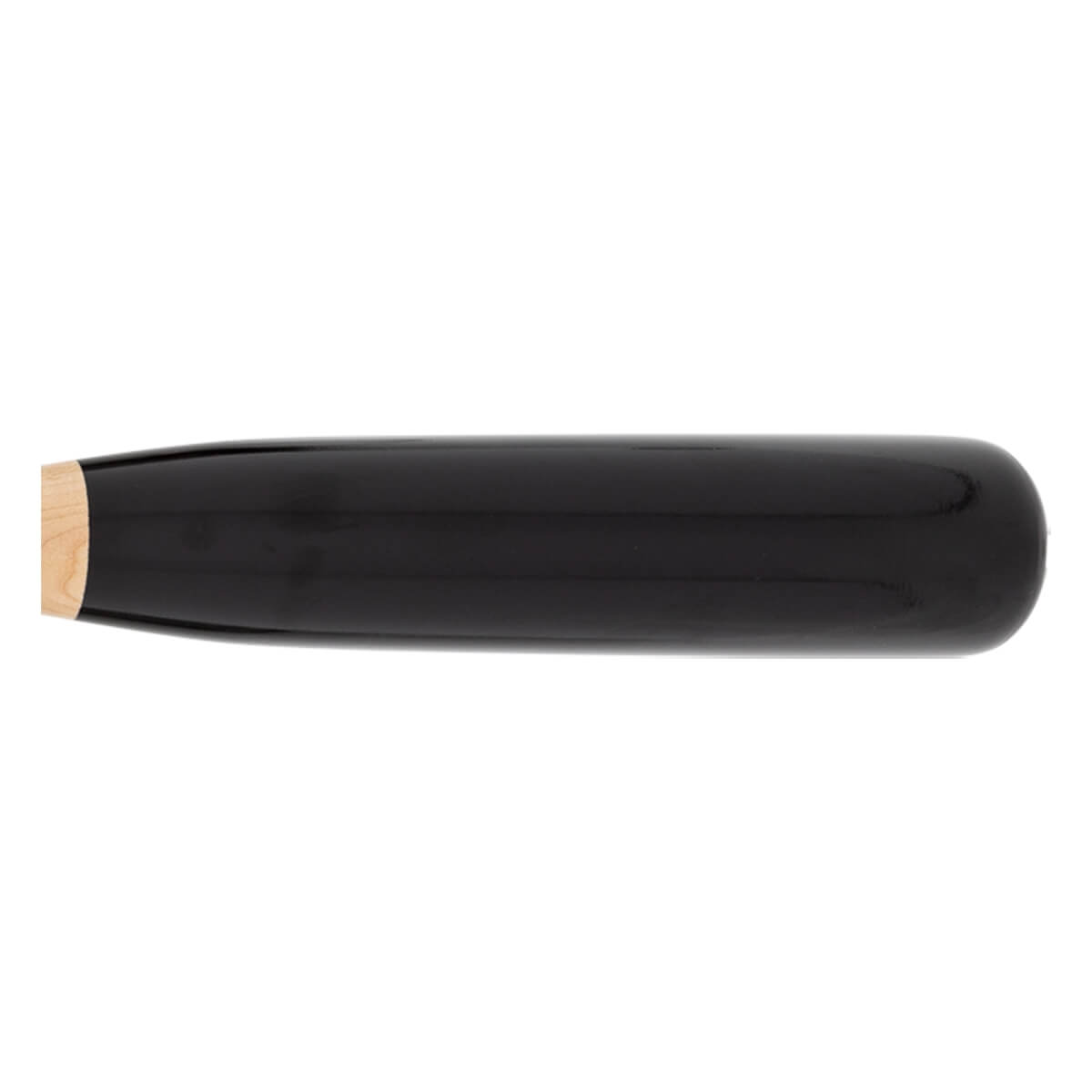 Side view of a black training bat with a rounded end and exposed wood knob.