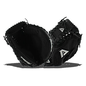 Front view of a black catchers mitt with white Akadema branding and triangular logos.