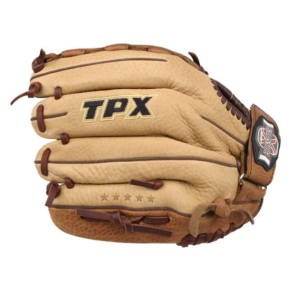 Side view of a tan baseball glove with TPX logo and five stars.