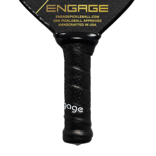 Close-up of a black pickleball paddle grip with perforated texture and Engage text.
