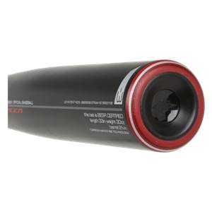 End view of a black baseball bat with red trim and BESR CERTIFIED text.
