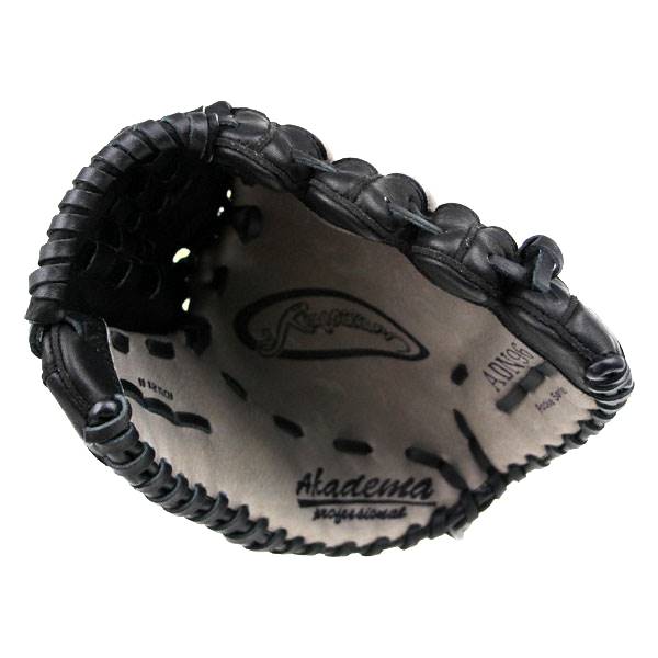 Top-down view of a black baseball glove with Akadema professional and ADN96 visible.