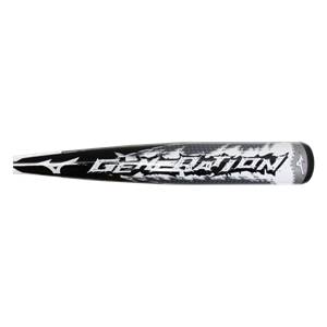 Side view of a black baseball bat with white GENERATION text and Mizuno logo.