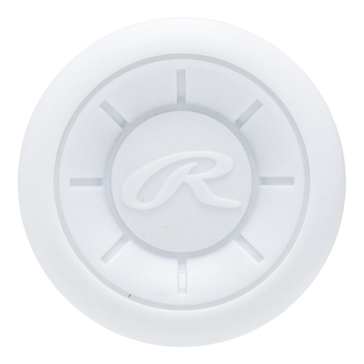Top-down view of a white baseball bat end cap with a raised Rawlings R logo and radial lines.