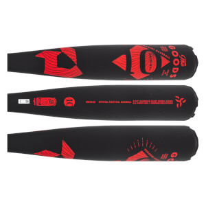 Side view of a black baseball bat with red The Goods branding and 10 logo.