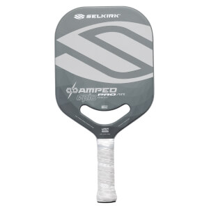 Front view of a dark gray pickleball paddle with a large light gray S graphic, AMPED PRO AIR epic text, and a white grip.