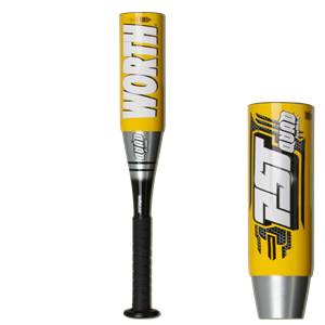 Front view of a yellow softball bat with WORTH and QUAD branding, and a black grip.