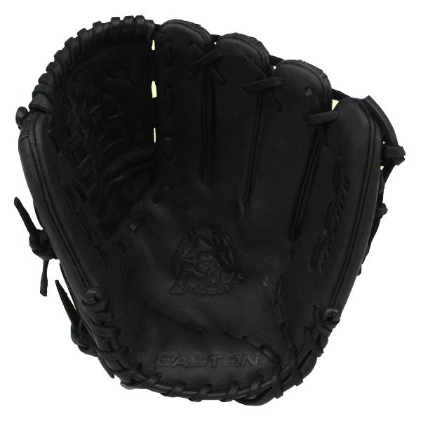 Front view of a black baseball glove with a textured palm and EASTON text.