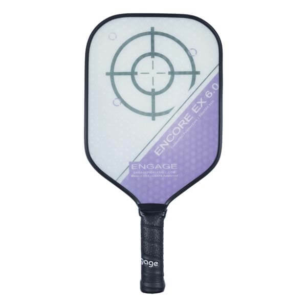 Front view of a white and purple composite pickleball paddle with a target design and ENCORE EX 6.0 text.
